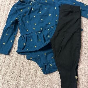 Carter’s Baby Girl Outfit 9M Blue Gold Stars Peplum Bodysuit Black Leggings Set